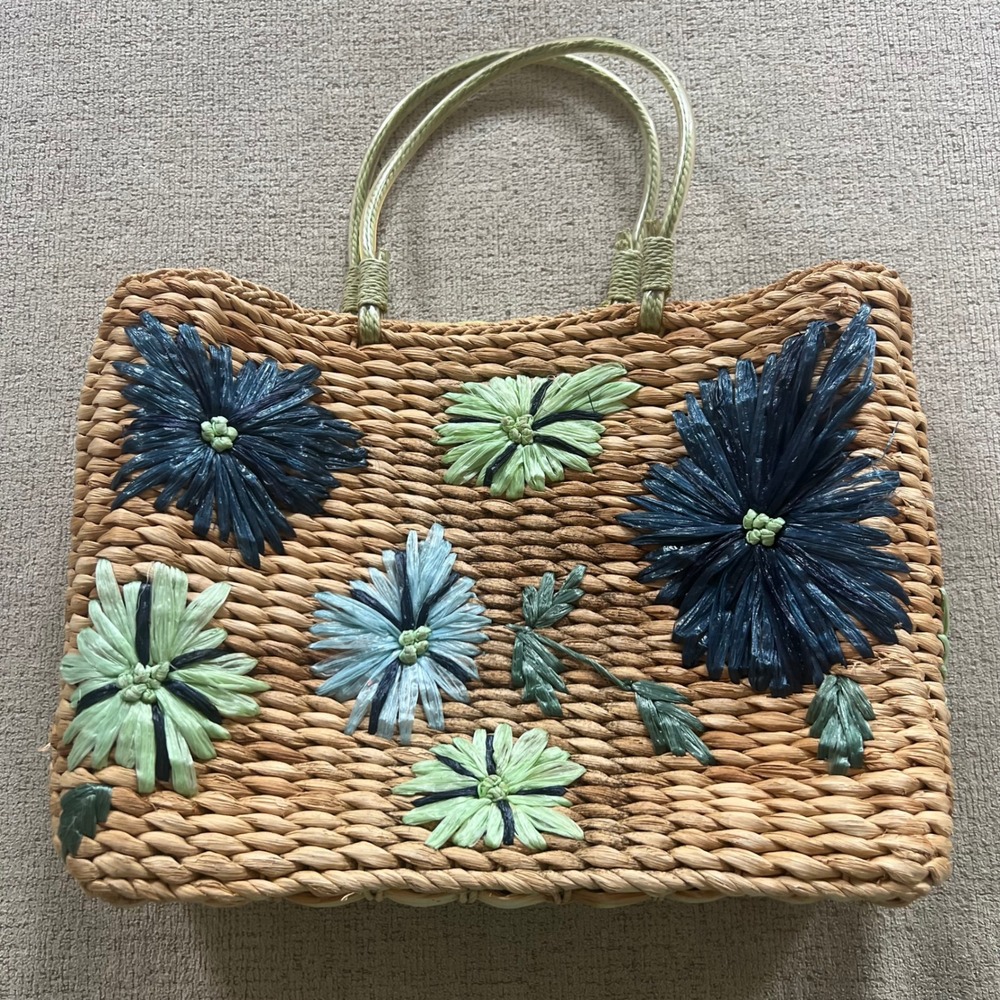 Cache Vintage Straw Tote Bag Floral Raffia Woven Wicker Handbag Blue Green Boho - Picture 2 of 5